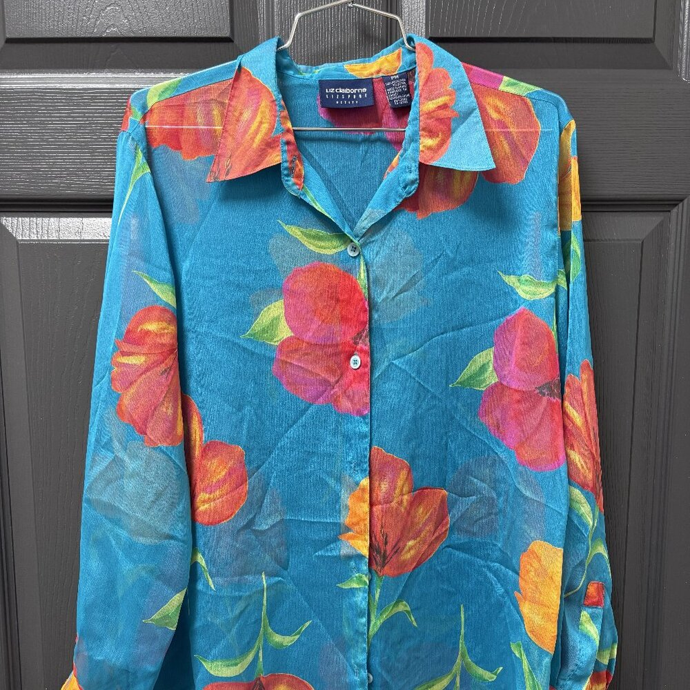 Liz Claiborne LizSport Petite Floral Button Front Blouse PM Turquoise